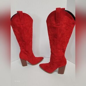 Generic Red Western Heeled Boots Faux Suede Womens Size 6 Cowgirlcore